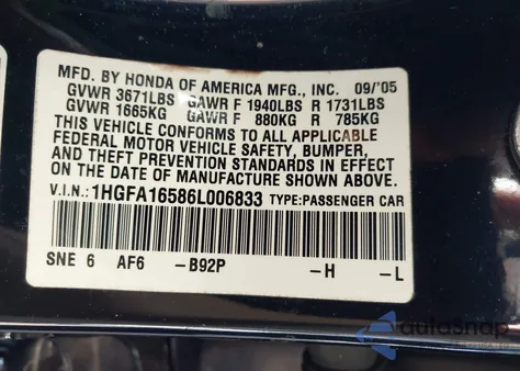 2006 Honda Civic Lx из США, поврежденный, VIN 1HGFA16586L006833